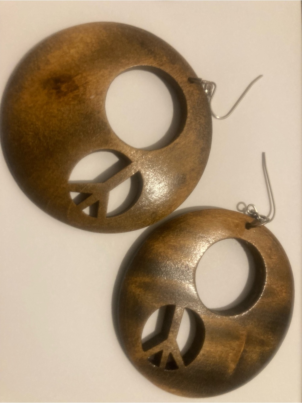 Unbranded Early 2000s Brown Wood Peace Sign Hoop Earrings